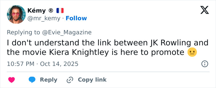 Screenshot of a tweet discussing Keira Knightley amid backlash from trans activists&rsquo; boycott of Harry Potter.