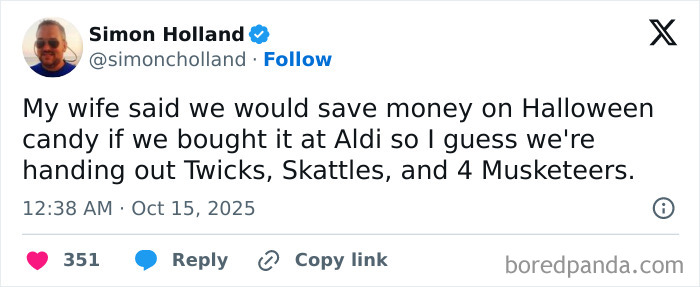 Tweet from a parent humorously discussing Halloween candy savings on Aldi while sharing popular candy brands on social media.