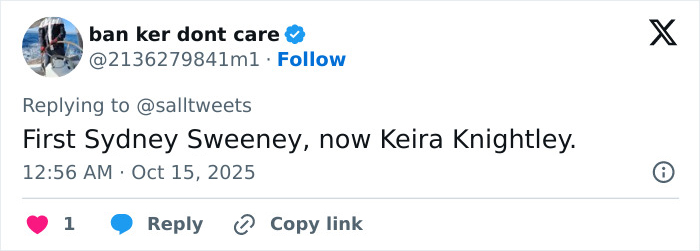 Tweet screenshot showing user ban ker dont care commenting on Keira Knightley amid trans activists boycott of Harry Potter.