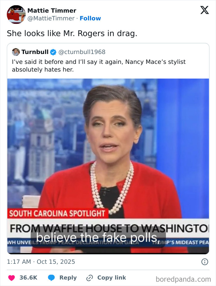 Tweet about Nancy Mace’s stylist with a humorous comment featured in Netflix gotta add a comment section tweets.