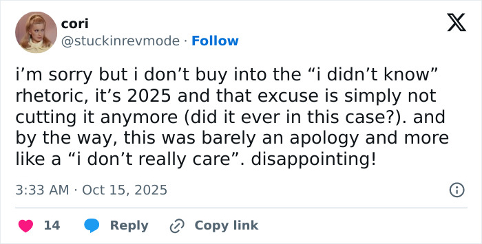 Screenshot of a tweet criticizing Keira Knightley amid backlash from trans activists over Harry Potter boycott.