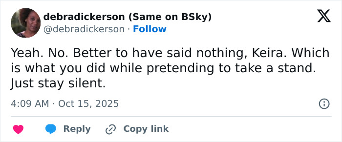 ALT text: Social media post criticizing Keira Knightley for her response to a trans activists boycott of Harry Potter.