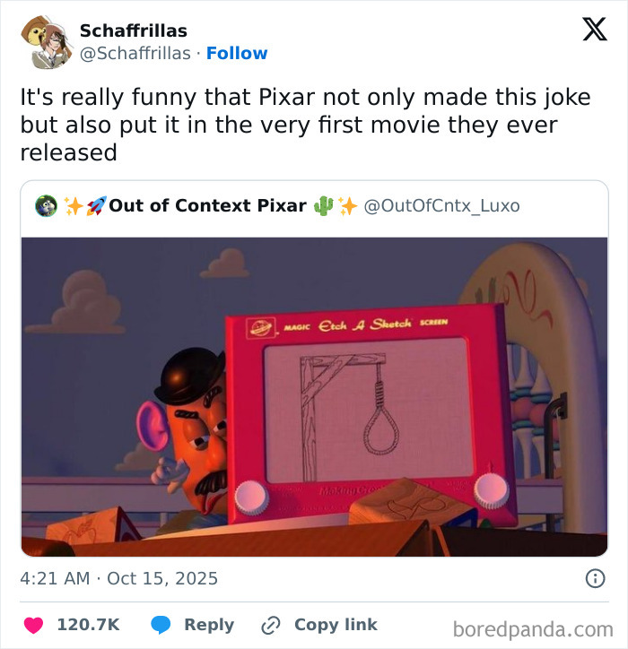 Tweet about Pixar joke from first movie featured in Netflix gotta add a comment section viral tweets conversation.