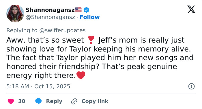 Tweet showing Mom of late Taylor Swift friend expressing love and keeping his memory alive 15 years after his passing.