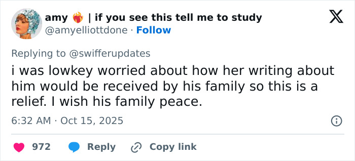 Screenshot of a tweet expressing relief and wishing peace to the family of the late Taylor Swift friend after 15 years.