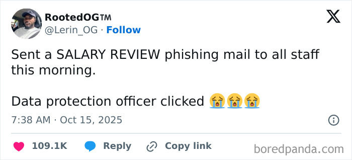 Tweet about sending a phishing email for salary review with data protection officer accidentally clicking, from Netflix-related humorous tweets.