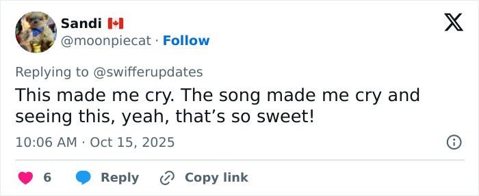 Screenshot of a tweet expressing emotional reaction to a hit song linked to the mom of late Taylor Swift friend.