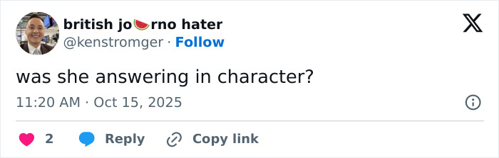 Screenshot of a tweet questioning if Keira Knightley was answering in character amid boycott controversy by trans activists.