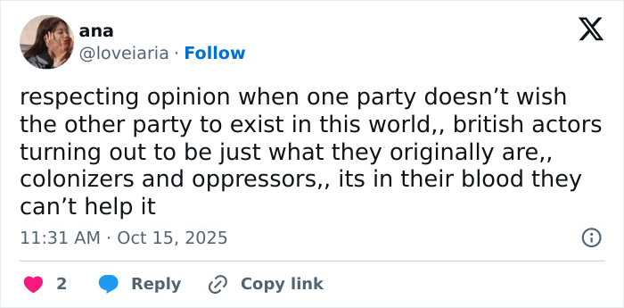 Tweet about British actors and oppression, related to Keira Knightley and trans activists boycott controversy.