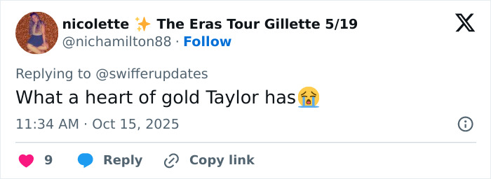 Twitter user expressing emotional support mentioning Taylor Swift, highlighting the mom of late Taylor Swift friend breaking silence after 15 years.