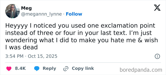 Tweet screenshot with a humorous comment about exclamation points and interpersonal conflict, shared on social media.