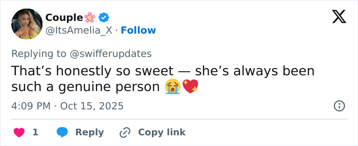 Twitter user expressing admiration for mom of late Taylor Swift friend speaking 15 years after his passing due to hit song.