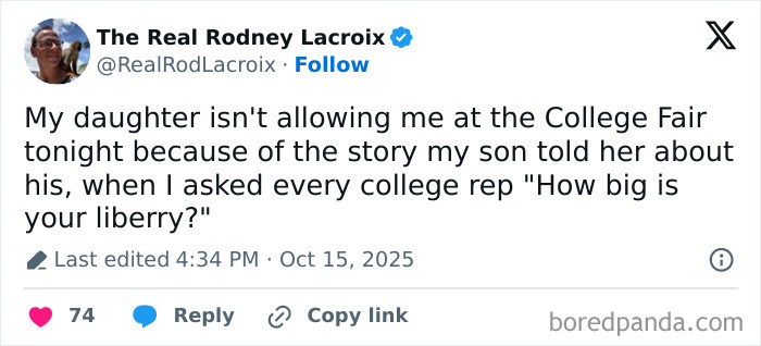 Parent shares a funny college fair story on X, highlighting relatable moments from parents barely making it through October.