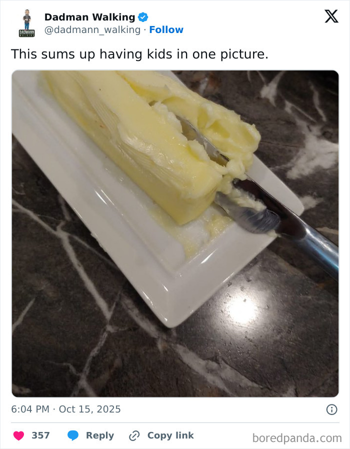 Partially eaten stick of butter on a white dish with a knife, illustrating parenting struggles shared by funny parents on X.
