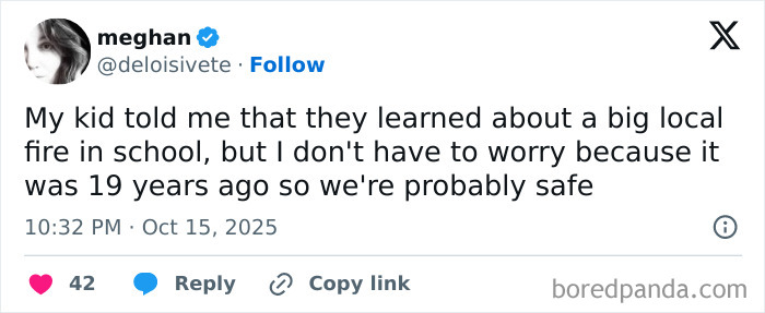 Screenshot of a humorous tweet from a parent sharing a funny moment on X about their child and a local fire at school.