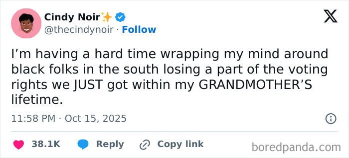 Screenshot of a social media post highlighting concerns about voter rights loss, reflecting dystopic societal issues.