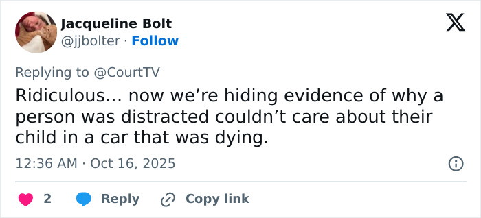 Screenshot of a tweet criticizing hiding evidence about a dad distracted by adult videos while 2YO daughter died in hot car.