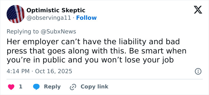 Screenshot of a tweet discussing the baseball Karen fired after racist rant toward war veteran and public backlash.