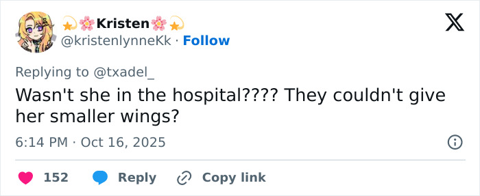 Social media user Kristen comments on Bella Hadid&rsquo;s heavy Victoria&rsquo;s Secret Angel wings and concerns about their size.