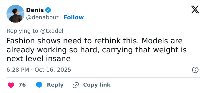 Tweet from Denis highlighting the intense weight of Victoria&rsquo;s Secret angel wings worn by models at fashion shows.