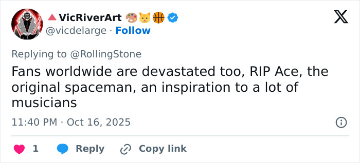 Tweet expressing fans&rsquo; devastation over Ace Frehley&rsquo;s passing, relating to Gene Simmons and Paul Stanley of Kiss.