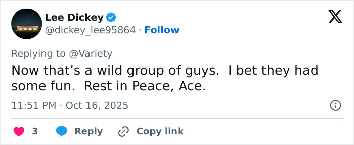 Screenshot of a tweet expressing condolences on Ace Frehley&rsquo;s sudden passing, mentioning Gene Simmons and Paul Stanley.
