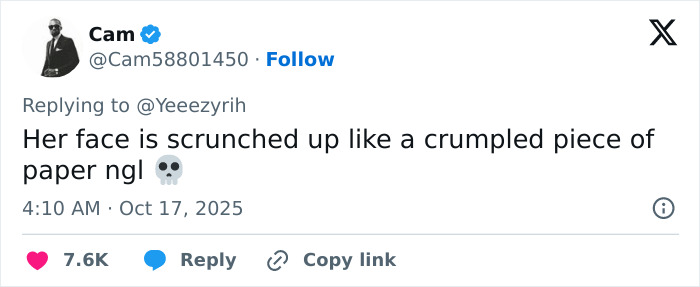 Tweet showing fan's wild reaction about Kris Jenners latest public appearance, mentioning her face looks scrunched up.