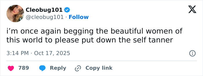 Tweet from user Cleobug101 pleading for women to stop using self tanner amidst criticism of fake tan on Victoria's Secret models.
