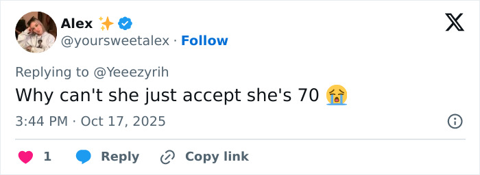 Screenshot of a social media comment reacting to Kris Jenners latest public appearance with disbelief about her age.