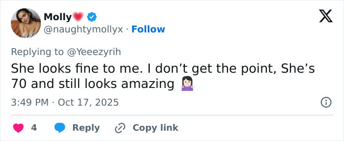 Tweet from a fan praising Kris Jenner&rsquo;s appearance, highlighting how she still looks amazing at 70.