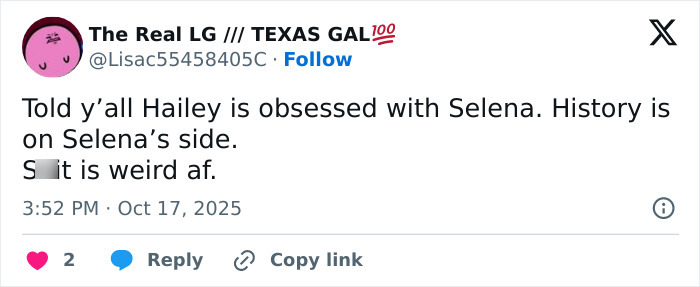 Screenshot of a tweet claiming Hailey Bieber is obsessed with Selena Gomez, referencing the ongoing Selena Gomez feud.