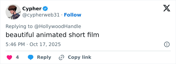 Tweet from user Cypher praising a beautiful animated short film amid backlash over heterosexual breeding propaganda in new Disney film. Tweet from user Cypher praising a beautiful animated short film amid backlash over heterosexual breeding propaganda in new Disney film.