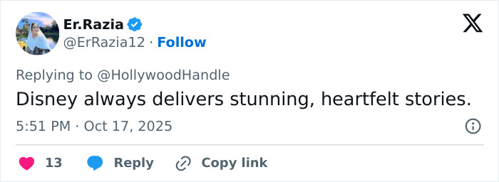 Screenshot of a Twitter reply praising Disney stories amid backlash over disgusting heterosexual breeding propaganda in new film. Screenshot of a Twitter reply praising Disney stories amid backlash over disgusting heterosexual breeding propaganda in new film.