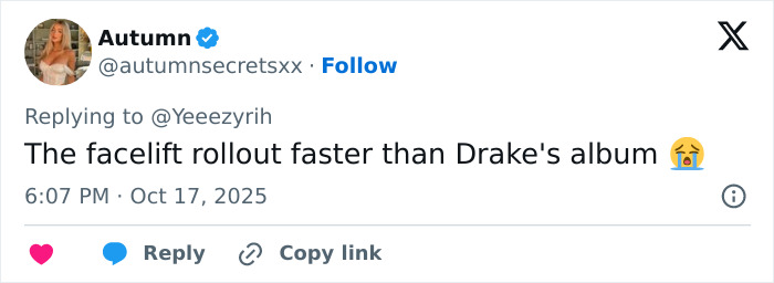 Fan reaction tweet about Kris Jenners latest public appearance, highlighting rapid facelift speculation and viral commentary.