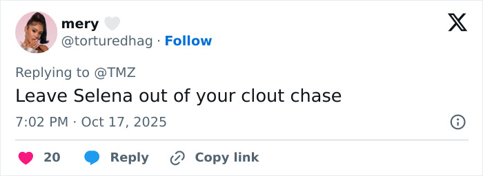 Social media post responding to Hailey Bieber and Selena Gomez feud with a comment about clout chasing.