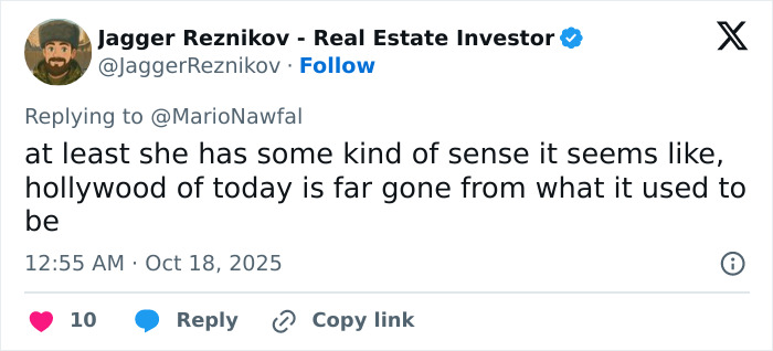 Tweet from Jagger Reznikov commenting on Hollywood changes, related to Sylvester Stallone&rsquo;s wife and trans nepo babies remarks controversy.