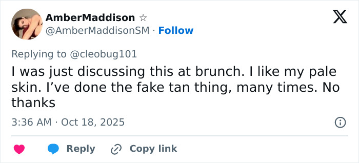 Tweet discussing preferences about fake tan and pale skin in response to before-and-after shots of Victoria's Secret models.