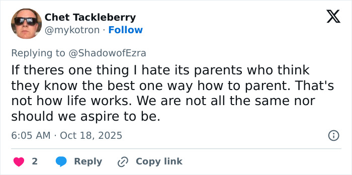 Tweet by user Chet Tackleberry critiquing parenting views amid Sylvester Stallone&rsquo;s wife trans nepo babies controversy.