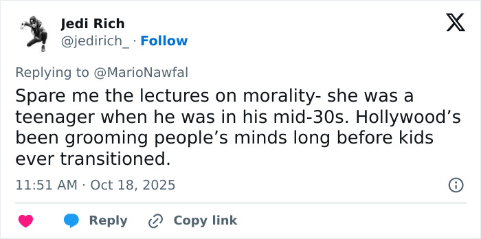 Screenshot of a tweet addressing Hollywood&rsquo;s influence and trans nepo babies commentary controversy.