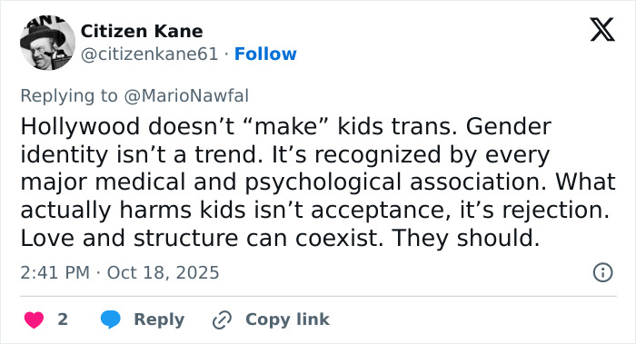Tweet discussing trans kids and gender identity, related to Sylvester Stallone&rsquo;s wife and Hollywood nepo babies controversy.