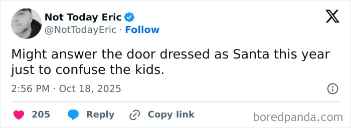 Tweet from a parent on X humorously sharing plans to dress as Santa to confuse kids during a challenging October.