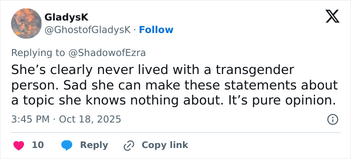 Tweet criticizing remarks about transgender issues, highlighting controversy over trans nepo babies in Hollywood discussions.