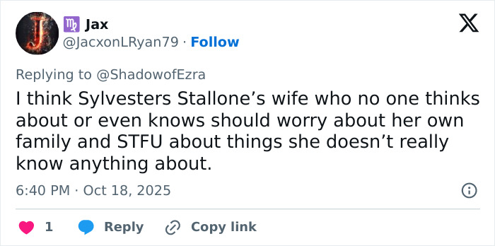 Tweet criticizing Sylvester Stallone&rsquo;s wife, sparking fury over her remarks about trans nepo babies in Hollywood.
