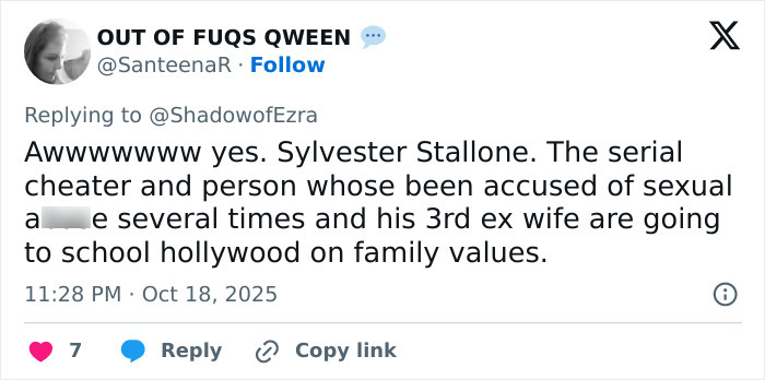 Screenshot of a social media post criticizing Sylvester Stallone&rsquo;s wife with remarks about trans nepo babies in Hollywood.