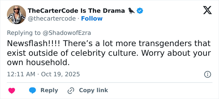 Tweet criticizing remarks on trans nepo babies in Hollywood, sparking debate about transgender representation beyond celebrity culture.