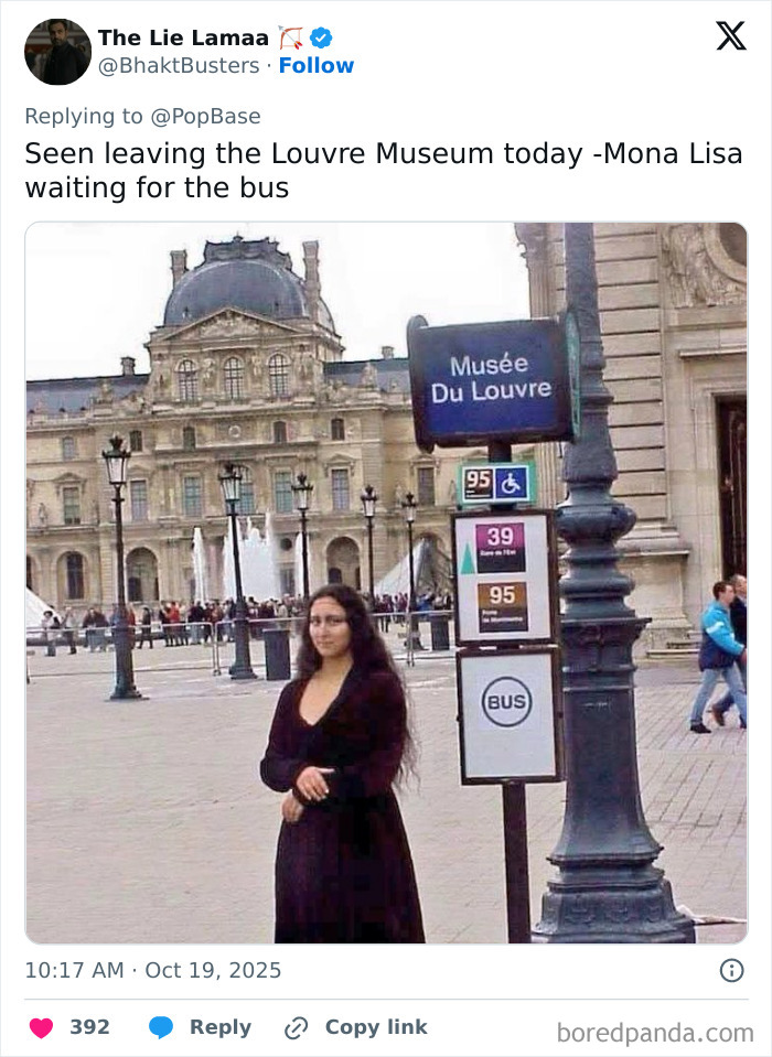 Woman dressed as Mona Lisa standing near Louvre bus stop sign, a popular meme about the Louvre robbery.