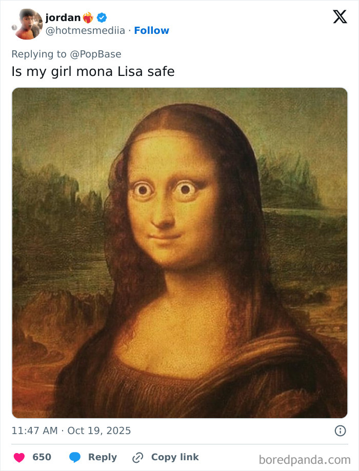 Tweet showing a meme with the Mona Lisa painting altered with wide eyes, referencing the Louvre robbery.