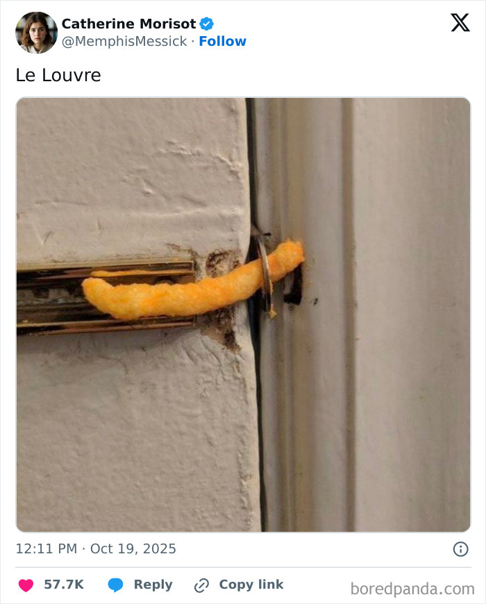 Close-up of a door latch secured with a cheese puff snack, referencing Louvre robbery memes trending online.