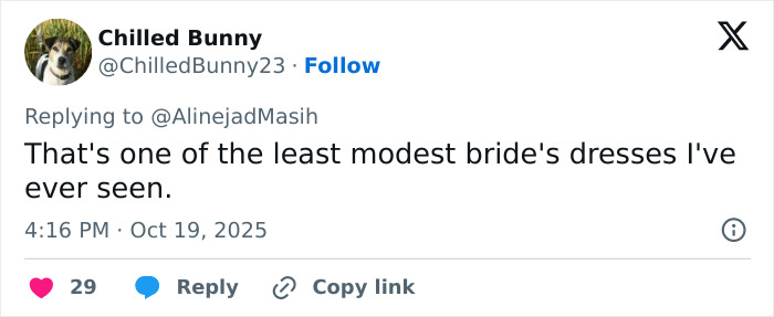 Screenshot of a tweet criticizing a risqu&eacute; wedding dress worn by an Iranian politician's daughter amid headscarf surveillance controversy.