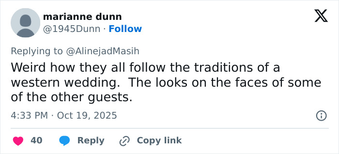 Screenshot of a tweet discussing the risqu&eacute; wedding dress of Iranian politician&rsquo;s daughter amid headscarf surveillance debate.